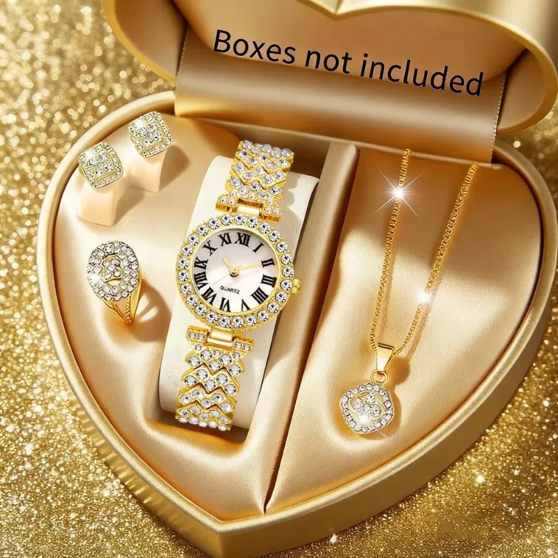 Luxury Watch Storage - 5 個の高級ラインストーンレディースウォッチジュエリーセットローマンクォーツ腕時計、ネックレス、イヤリング、リング付き Reloj Mujer（箱なし）
