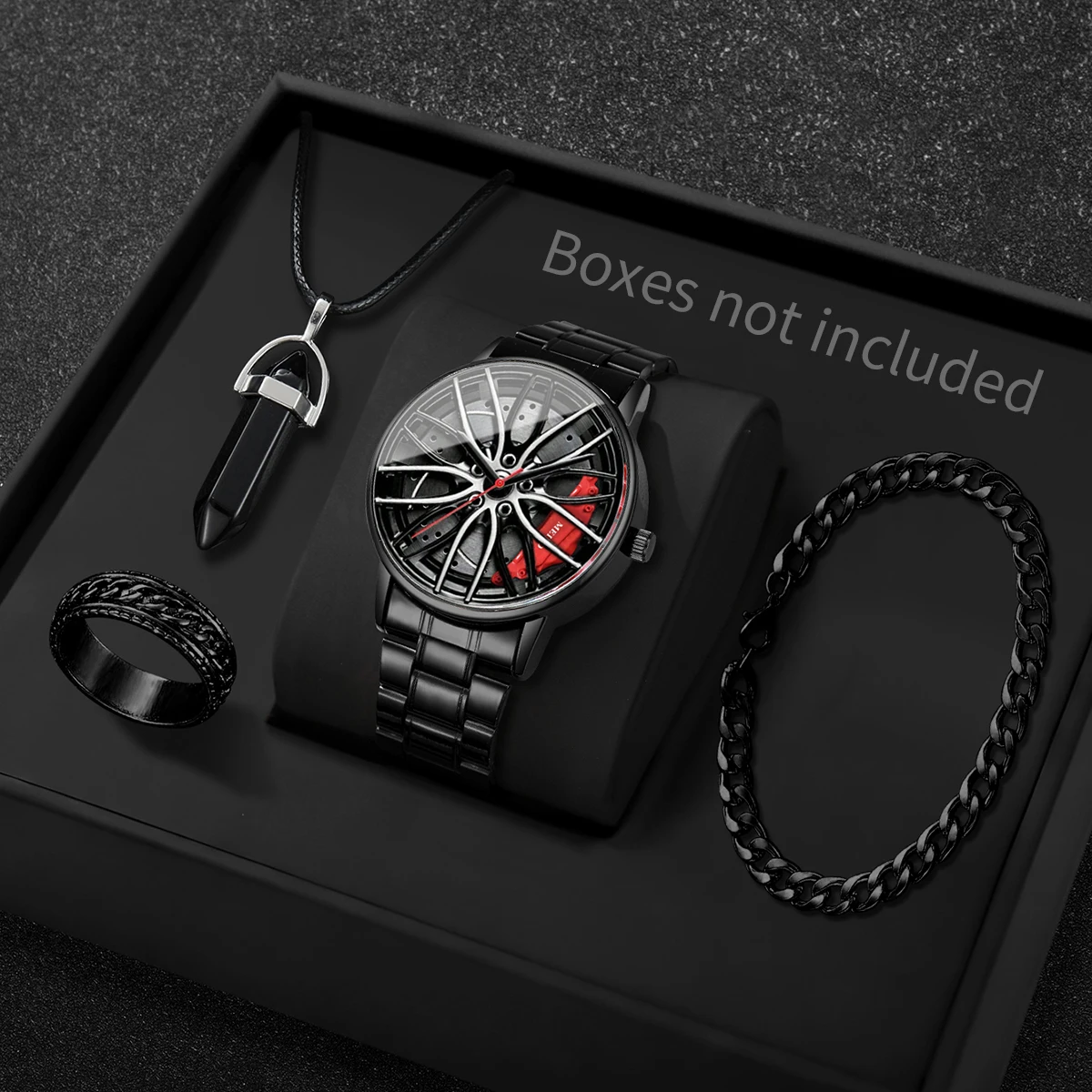Luxury Watch Organizer For Men - 4個セット ファッション 3Dカーホイールダイヤル メンズスポーツウォッチ 高級ステンレススチールクォーツ腕時計 ジュエリーセット