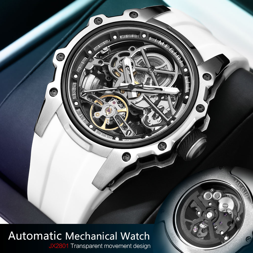 Luxury Watch Hublot - Megir-男性用自動機械式時計,ステンレススチールケース付き腕時計,白いシリコンストラップ,スケルトンダイヤル,スポーツファッション