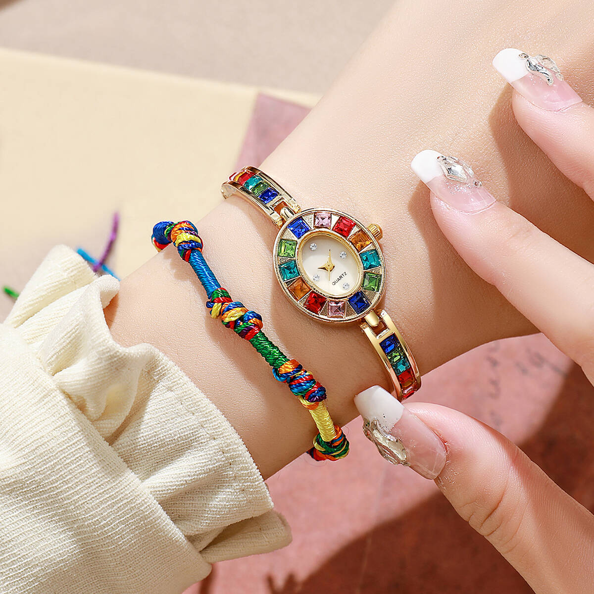 Luxury Watch Storage - 2 ピース/セット高級ラインストーン女性用腕時計ファッションブレスレットバンドクォーツ時計ロープブレスレットセット Reloj Mujer（箱なし）
