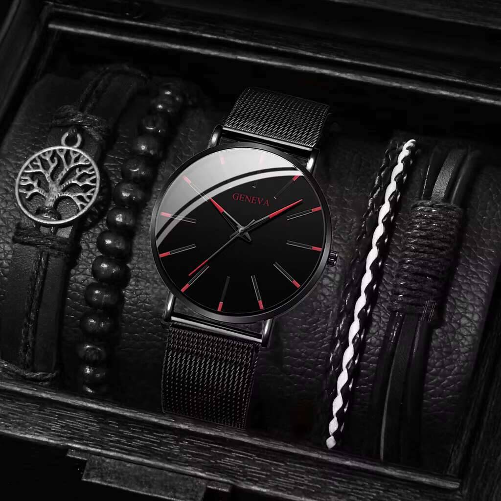 Luxury Watch Organizer For Men - 男性用ステンレススチールクォーツ時計とブレスレットセット,ブラックメッシュ,高級ファッション,ボックスなし,5個