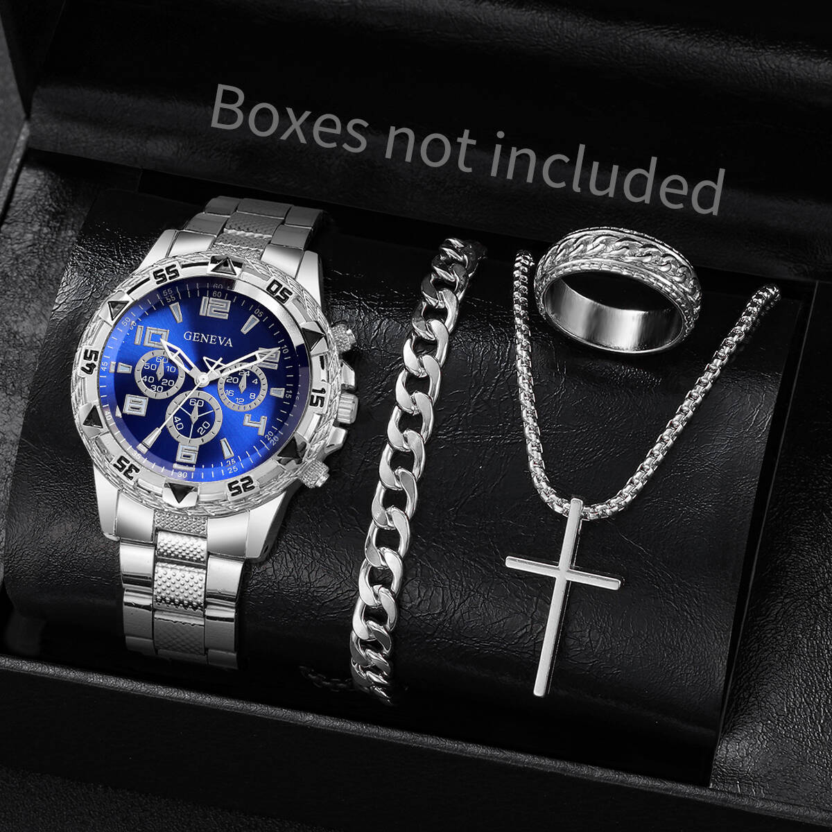 Luxury Watch Organizer For Men - 4 ピース/セットファッションメンズビジネスウォッチ高級ビッグダイヤルクォーツ時計男性用時計ジュエリーセットリロイ Hombre（箱なし）