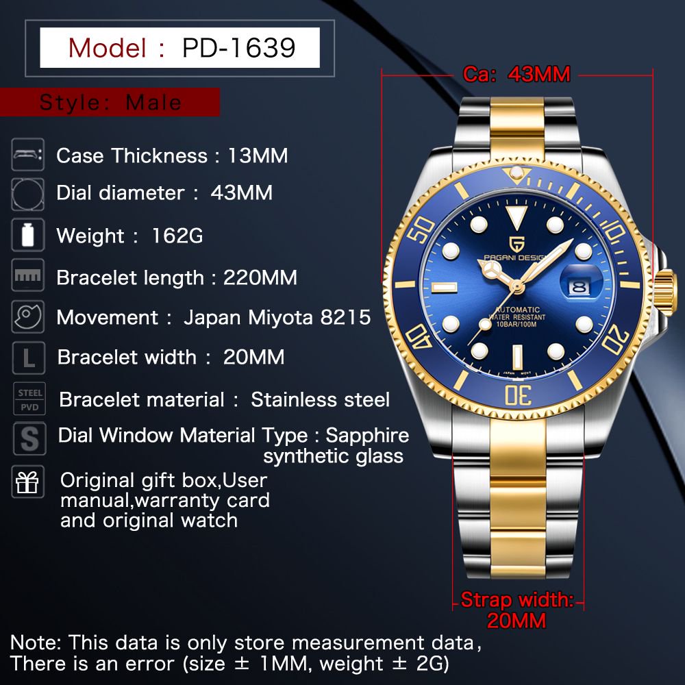 パガーニデザイン高級メンズ自動巻き時計サファイアガラスダイバ - Luxury Watch Hublot のレビューと価格