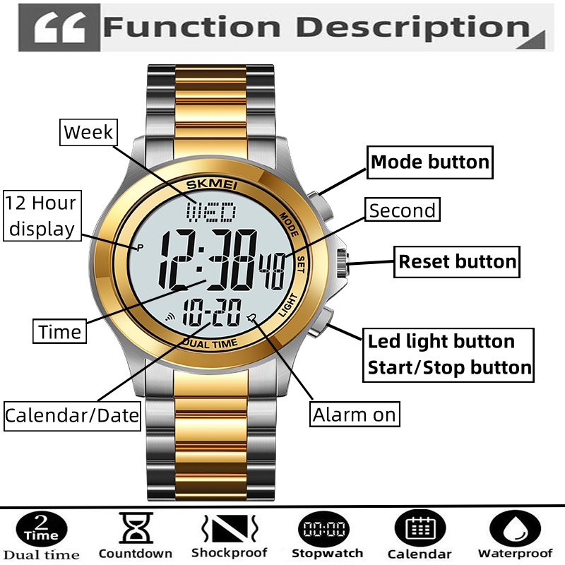Skmei-メンズLEDクロノグラフブレスレット時計、ステン - Minute Repeater Watch のレビューと価格