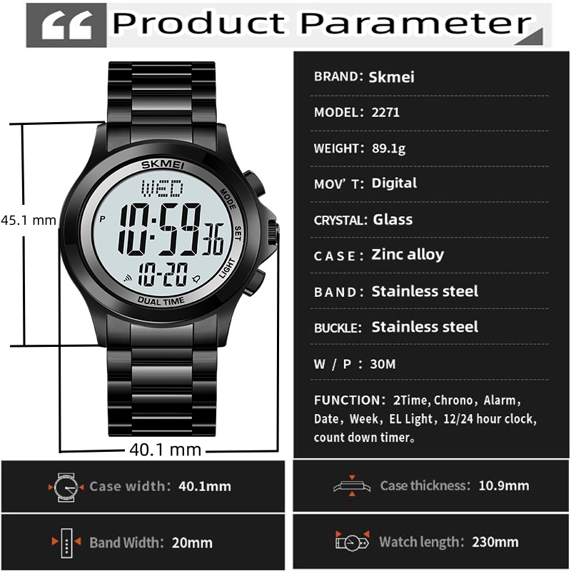 Skmei-メンズLEDクロノグラフブレスレット時計、ステン - Minute Repeater Watch のレビューと価格